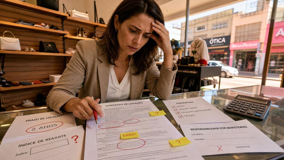 Contrato de locação comercial com pontos de atenção destacados